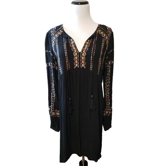 Knox Rose Dresses & Skirts - Knox Rose Womens Black Dress Long Sleeve Embroidered Tassel Tie Crinkle size XS